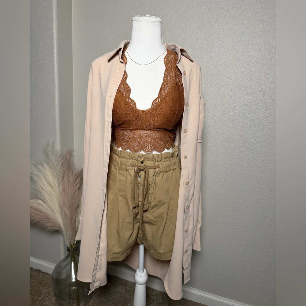Zenana - 100% Cotton Khaki High Waisted Paperbag Shorts
